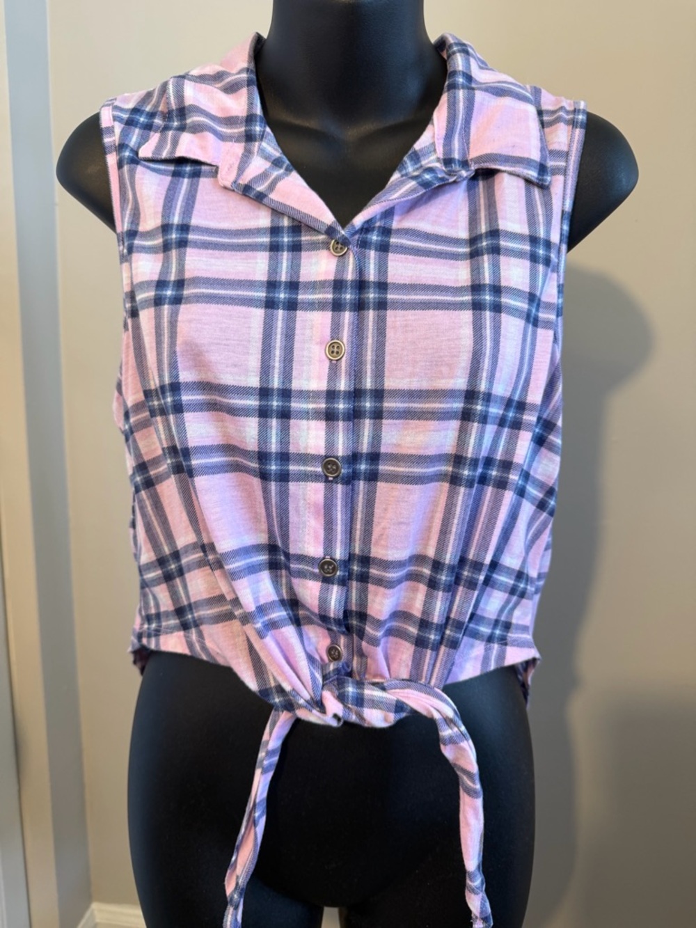 No Boundaries Purple and Navy Plaid Tank Top Button Up Front Tie Shirt